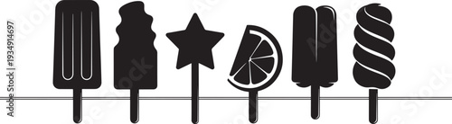 Row of black and white vector silhouette illustrations featuring various popsicles and ice lollies on sticks, ideal for summer and refreshing treats.