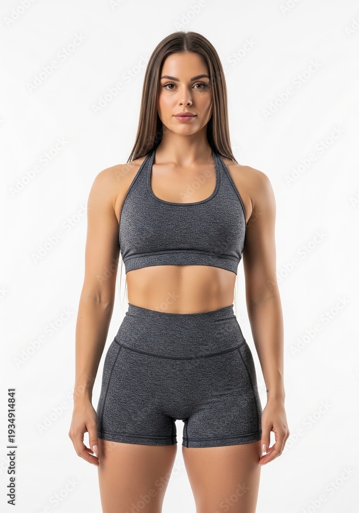 Fototapeta premium Woman in athletic workout clothes, fitness apparel, and gym wear