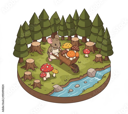 Cartoon mouse working in forest surrounded by trees, mushrooms, and a river, viewed from above