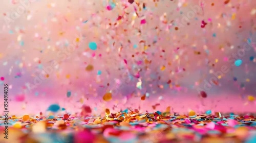 Vibrant, multicolored confetti falling and scattered on a surface with a soft pink background