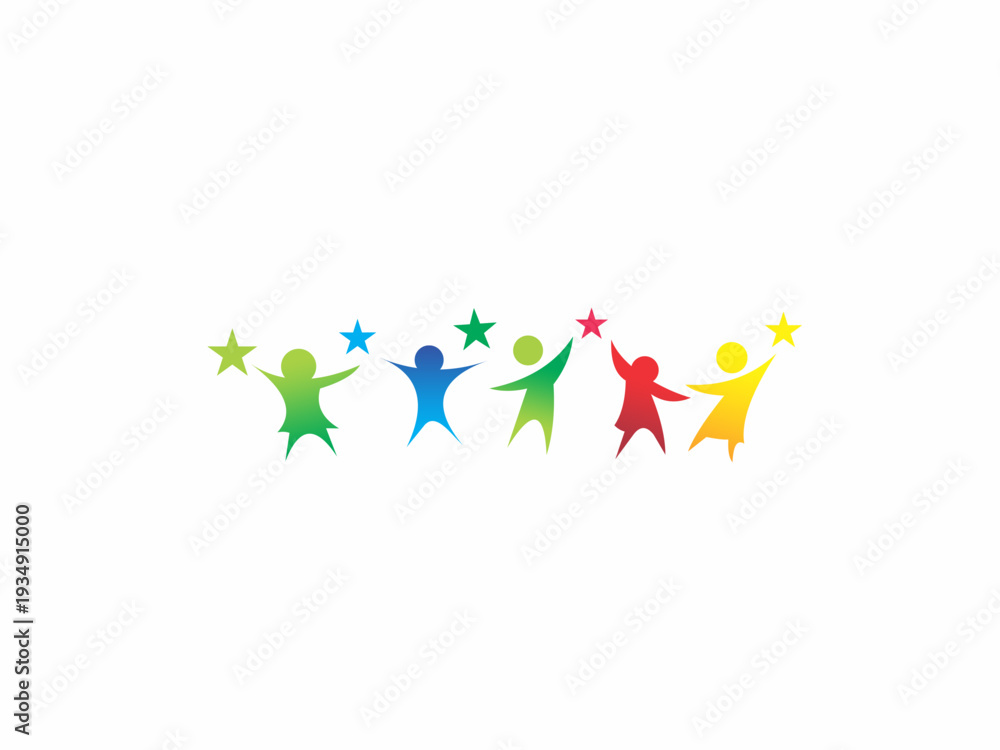 Obraz premium Five colorful stylized figures of children in a row, each raising a hand to hold a bright star, representing teamwork, unity, and reaching for the future goals.