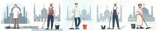 vector of Muslim man cleaning the mosque