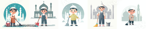 vector of Muslim little boy cleaning the mosque