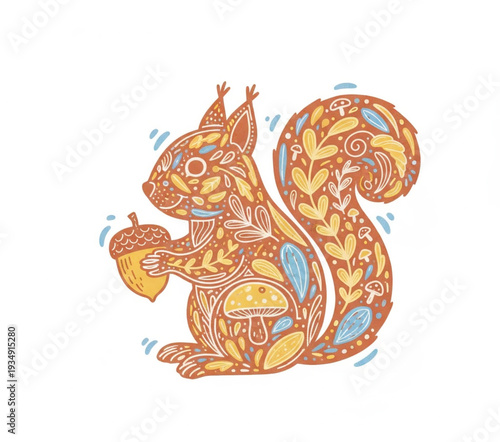 Vibrant illustration of a squirrel holding an acorn in a whimsical forest setting from a front viewpoint