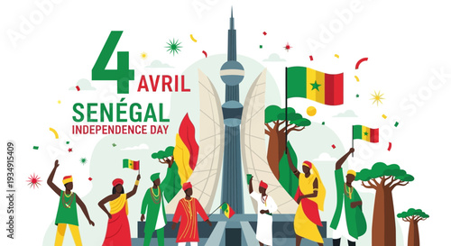 Senegal Independence Day Celebration People Flags Monument.