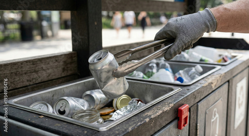 Gloved hand using tongs to pick up crushed can at public recycling station