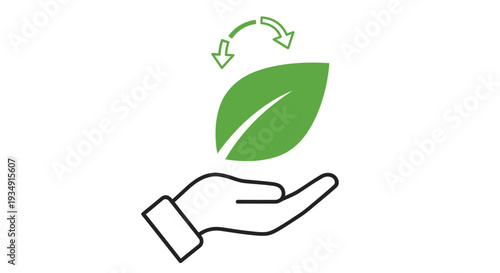 A green leaf held in an open hand with recycling arrows above it