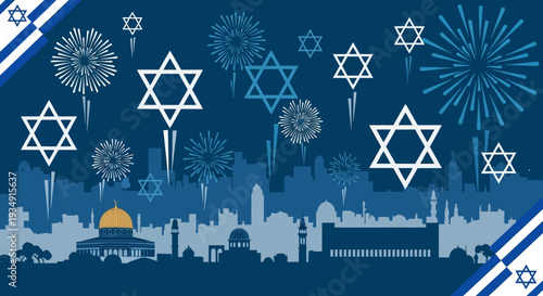 Star of David Symbols and Jerusalem Cityscape.