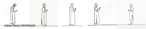 line art of a Muslim man standing praying gesture side view