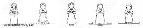 line art of a Muslim little girl standing praying gesture front view