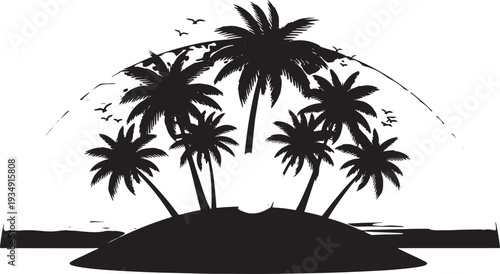 Tropical Island Paradise with Palm Trees and Flying Birds Silhouette Vector Illustration for Summer Vacation and Travel
