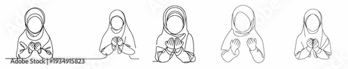 half body line art of a Muslim little girl praying gesture front view