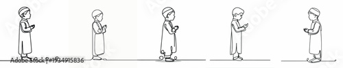 line art of a Muslim little boy standing praying gesture side view
