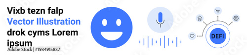 Blockchain technology, decentralized finance, cryptocurrency, fintech, digital business, audio streaming. Blue smiling emotion, microphone icon, sound waveform and DEFI linked nodes diagram