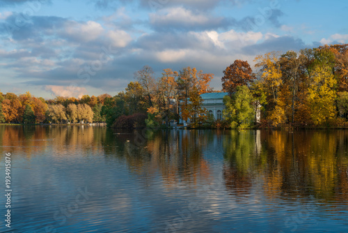The Hall on the Island pavilion located on an island in the Great Pond in the Catherine Park of Tsarskoye Selo on a sunny autumn day, Pushkin, St. Petersburg, Russia