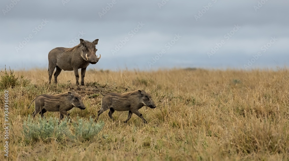 Obraz premium Warthog family grazing in African savanna grassland with mother watching over young piglets in natural wildlife habitat during overcast day.