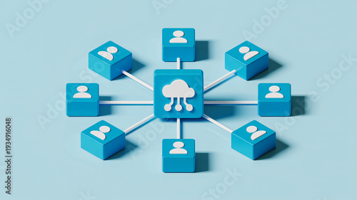 A central cloud icon cube connected to multiple user icon cubes, symbolizing a distributed network or cloud computing service.