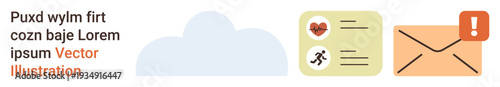 Digital communication, health tracking, task management, notifications, cloud storage, reminders. A cloud, health statistics and an envelope with an alert. Digital communication and health
