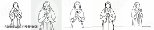 half body line art of a Muslim woman praying gesture front view
