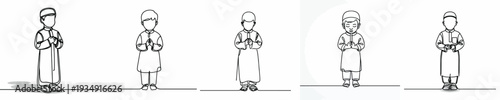 line art of a Muslim little boy standing praying gesture front view