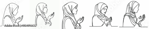 half body line art of a Muslim woman praying gesture side view