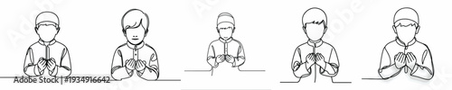 half body line art of a Muslim little boy praying gesture front view