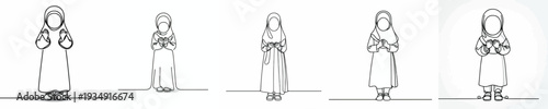 line art of a Muslim little girl standing praying gesture front view