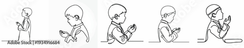 half body line art of a Muslim little boy praying gesture side view