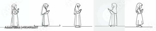 line art of a Muslim little girl standing praying gesture side view