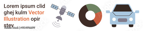 Technology, data visualization, transportation, communication systems, navigation, statistics. Satellite with signal, pie chart and a car. Technology and data visualization concepts