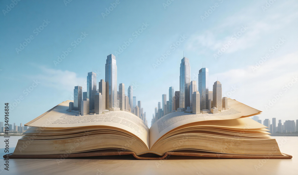 Fototapeta premium Open book with floating cityscape, blue sky, dreamy educational theme