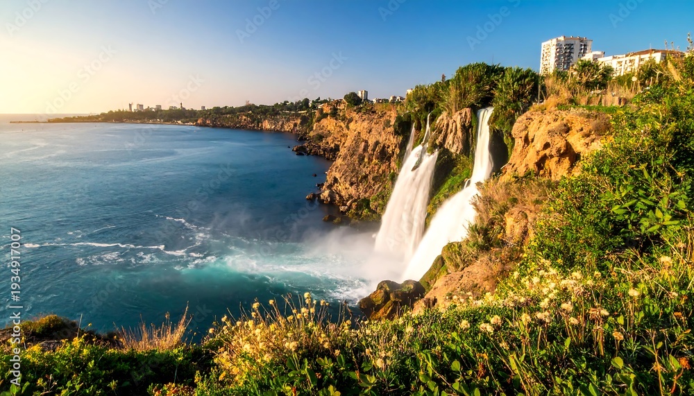 Obraz premium Stunning coastal scene featuring cascading waterfalls meeting the ocean, with buildings and sunny skies