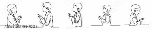 half body line art of a Muslim little boy praying gesture side view