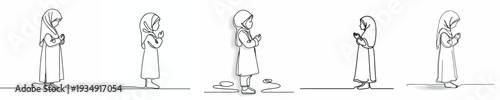 line art of a Muslim little girl standing praying gesture side view
