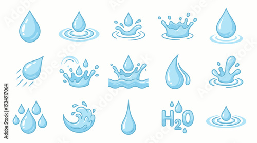 Collection of vibrant water droplets and splashes in various styles