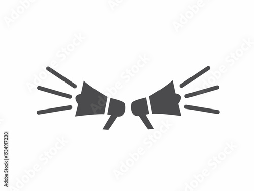 Minimalist vector icon featuring two gray megaphones facing outward, ideal for representing digital marketing, public relations, announcements, and broad audio communication.
