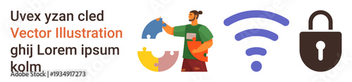 Problem-solving, cybersecurity, connectivity, teamwork, online safety, internet concepts. A man holding puzzle pieces, a wireless icon and a padlock symbol. Problem-solving and cybersecurity