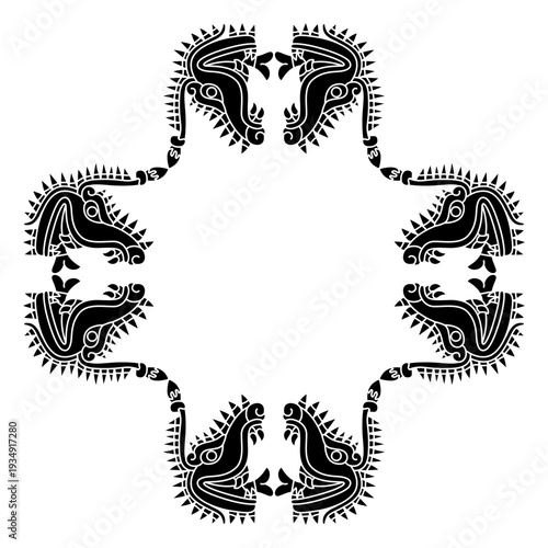 Geometrical ethnic cross shape frame with heads of fantastic monsters. Native American design of Aztec Indians. Black and white silhouette.