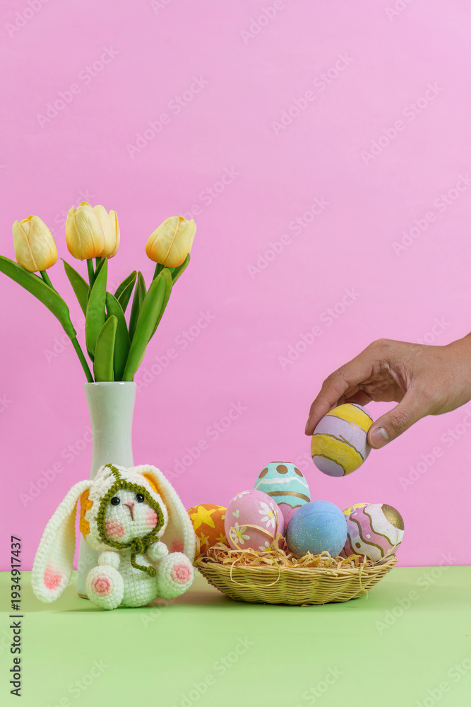 Fototapeta premium Easter bunny and colorful eggs in a festive setting