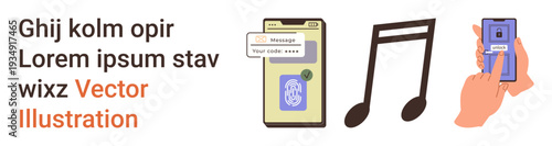 Digital security, music, technology, smartphone usage, online interaction, app design. Visual includes a phone with chat notifications, a music note symbol, and a finger tapping a phone screen