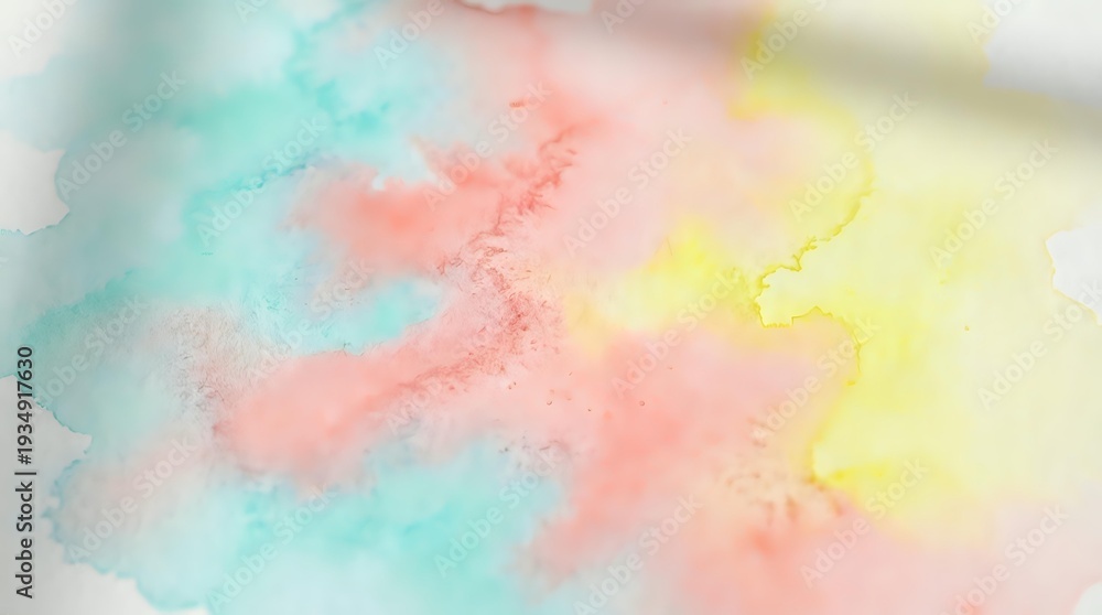 Fototapeta premium Soft pastel watercolor background with flowing turquoise, coral pink and yellow hues blending organically. Abstract artistic texture for creative projects.