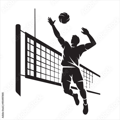Volleyball Player Spiking Ball Silhouette. Sports Silhouette Collection, Black and White Athlete Vector 