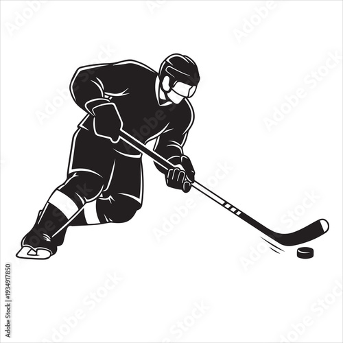 Hockey Player Silhouette in Action Pose, Black Vector, Sports Silhouette Collection, Black and White Athlete Vector 