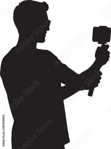 Modern Man Filming with Action Camera on Selfie Stick Silhouette for Vlogging, Content Creation, and Travel
