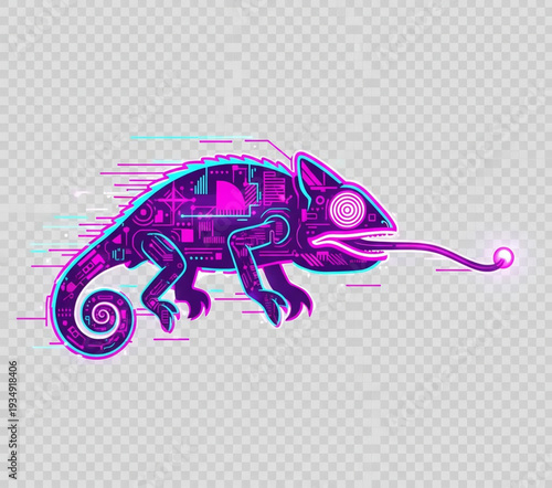 A futuristic digital illustration of a chameleon with robotic components, blending into a neon-lit environment, viewed from the side.