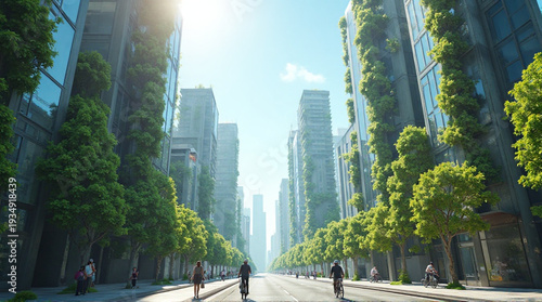 Cycling Through Green Cityscape with Lush Foliage and Urban Buildings