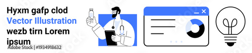 Healthcare, technology, innovation, medical research, data analysis, education. A doctor holding a bottle, graphical presentation and light bulb icon. Healthcare and technology concepts