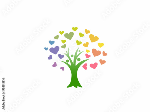 Colorful Tree of Life with Heart Shaped Leaves and Human Figures Trunk, Symbol for Charity, Ecology and Love