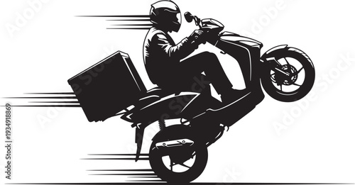 Dynamic Delivery Scooter Rider Doing a Wheelie Silhouette: Fast Courier Service for Online Orders