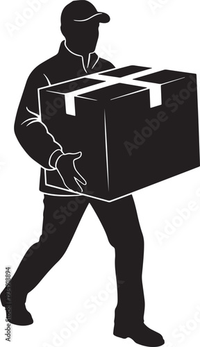 Delivery Man Carrying Large Cardboard Box Silhouette: Logistics and Package Shipping Service Icon